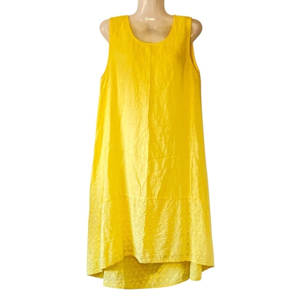 Terzo Millennio Yellow Linen Dress Cottage Scoop Neck has Eyelet Tier at Hem M